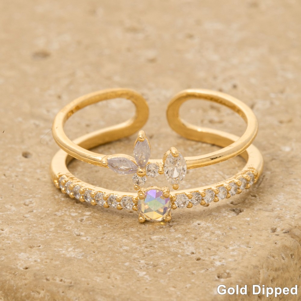 Gold Dipped Two Row Cz Butterfly Ring