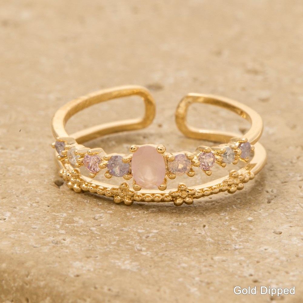 Gold Dipped Two Row Cz Studded Flower Ring