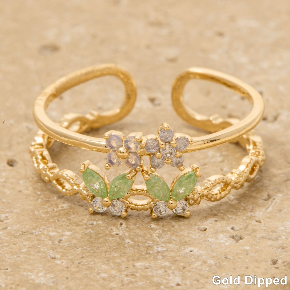 Gold Dipped Cz Butterfly And Flower Ring