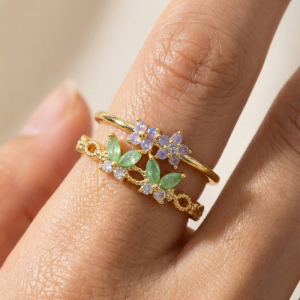 Gold Dipped Cz Butterfly And Flower Ring