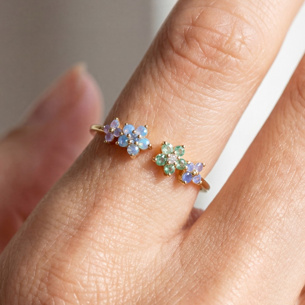 Gold Dipped Colorful Cz Flower Open Ring
