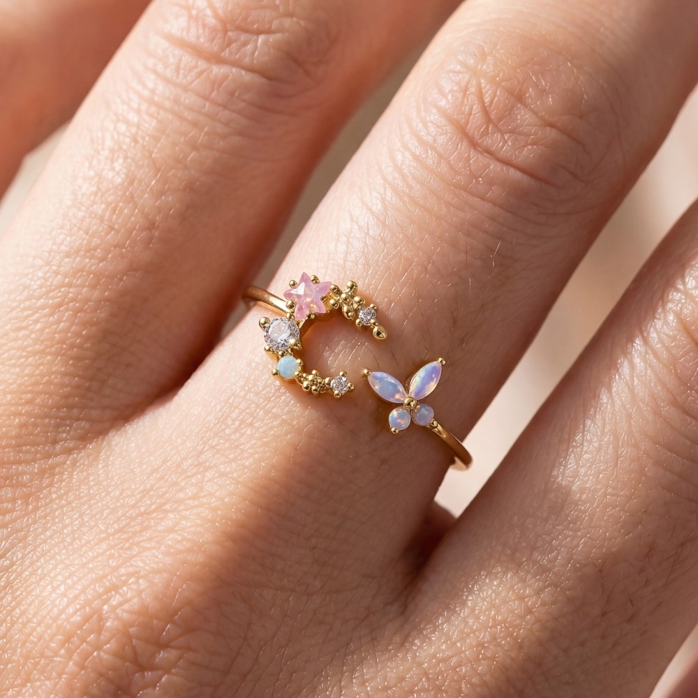 Gold Dipped Cz Moon Star And Butterfly Ring