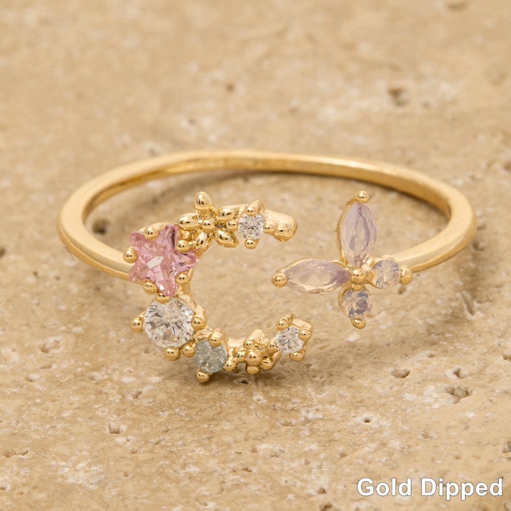 Gold Dipped Cz Moon Star And Butterfly Ring