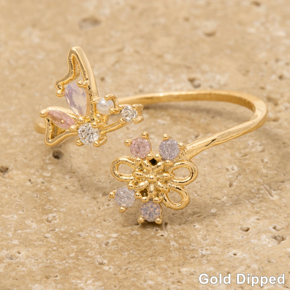 Gold Dipped Butterfly And Flower Cz Ring