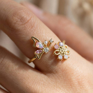 Gold Dipped Butterfly And Flower Cz Ring