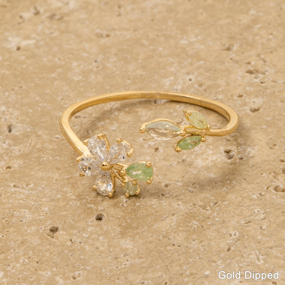 Gold Dipped Cz Flower Leaf Open Ring