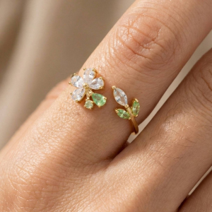 Gold Dipped Cz Flower Leaf Open Ring