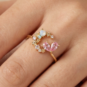 Gold Dipped Cz Colorful Moon Open Ring