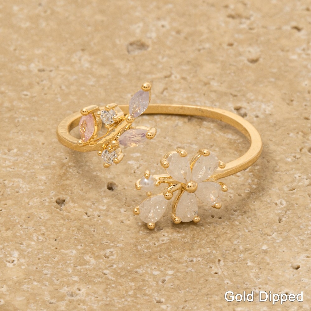 Gold Dipped Cz Flower Leaf Open Ring
