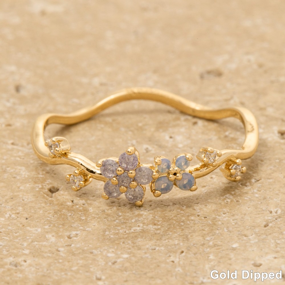 Gold Dipped Cz Wavy Flower Studded Ring