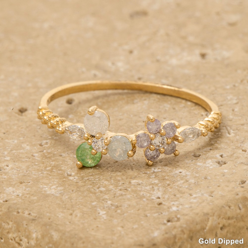 Gold Dipped Floral Cz Studded Ring