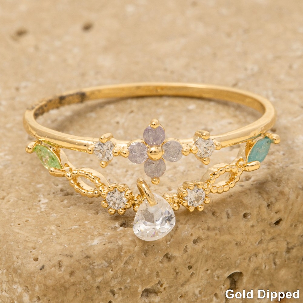 Gold Dipped Floral Cz Dangle Jewel Studded Ring