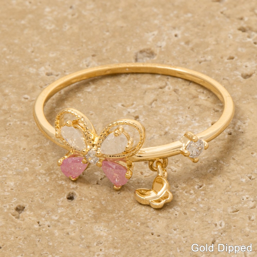 Gold Dipped Pink Cz Butterfly Ring
