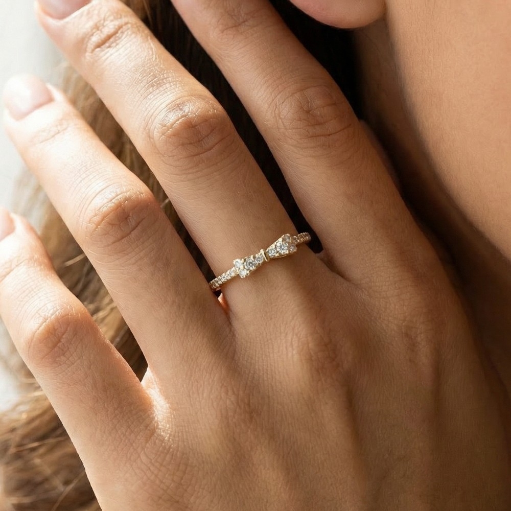 Gold Dipped Cz Ribbon Bow Ring