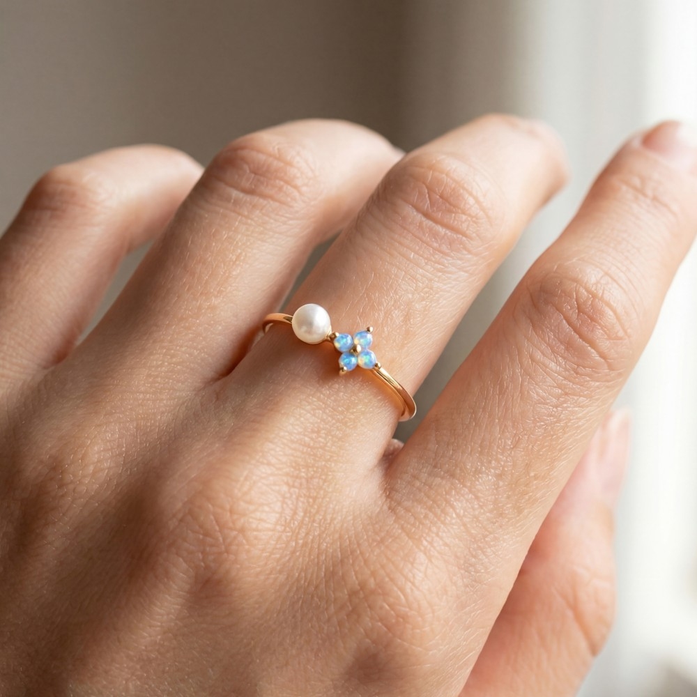 Gold Dipped Cz Cluster And Glass Pearl Ring