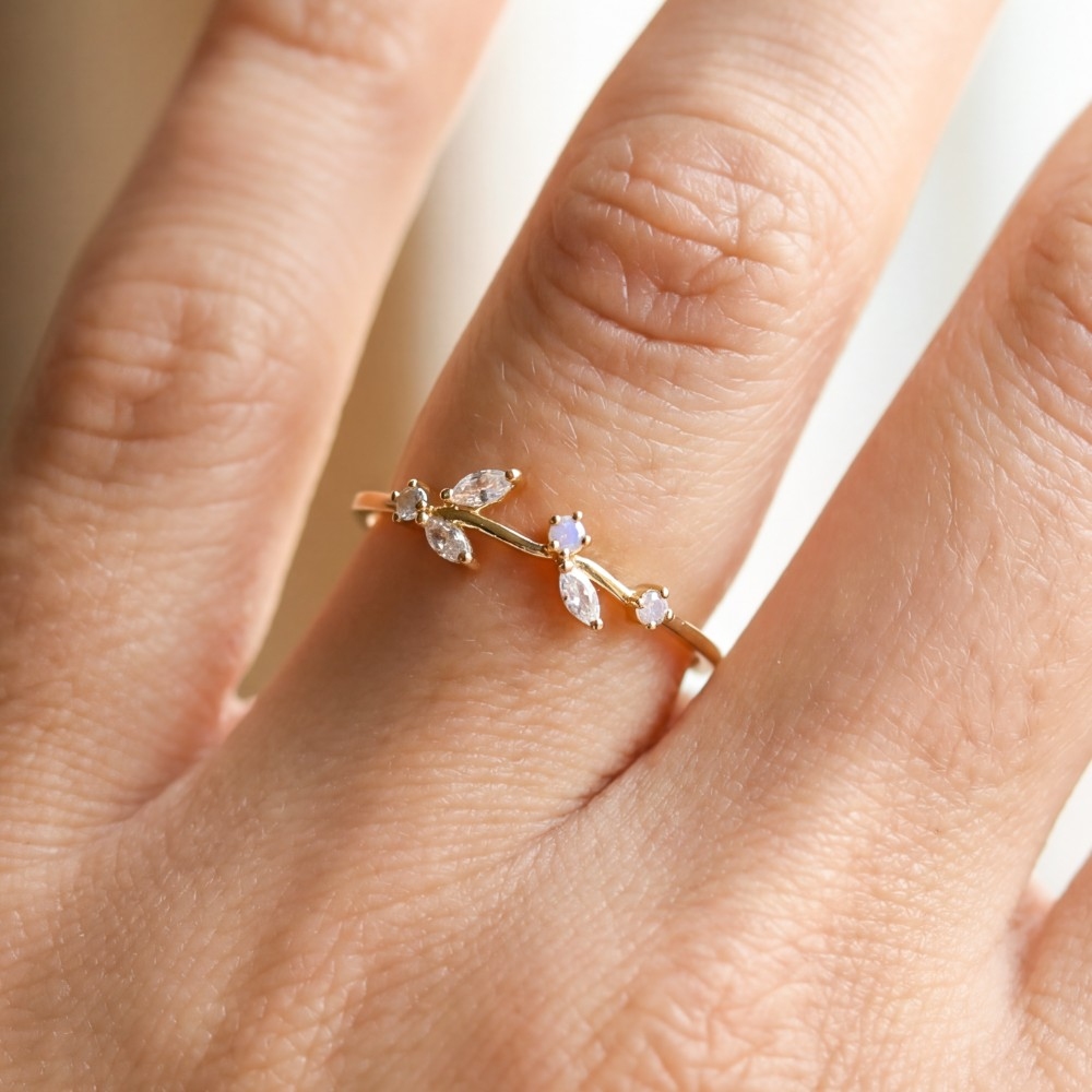 Gold Dipped Cz Delicate Leaf Ring