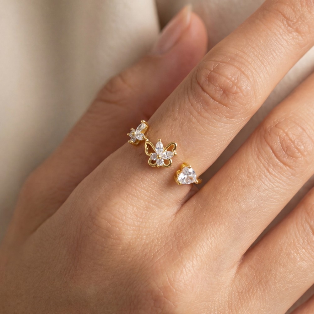 Gold Dipped Cz Butterfly And Heart Open Ring