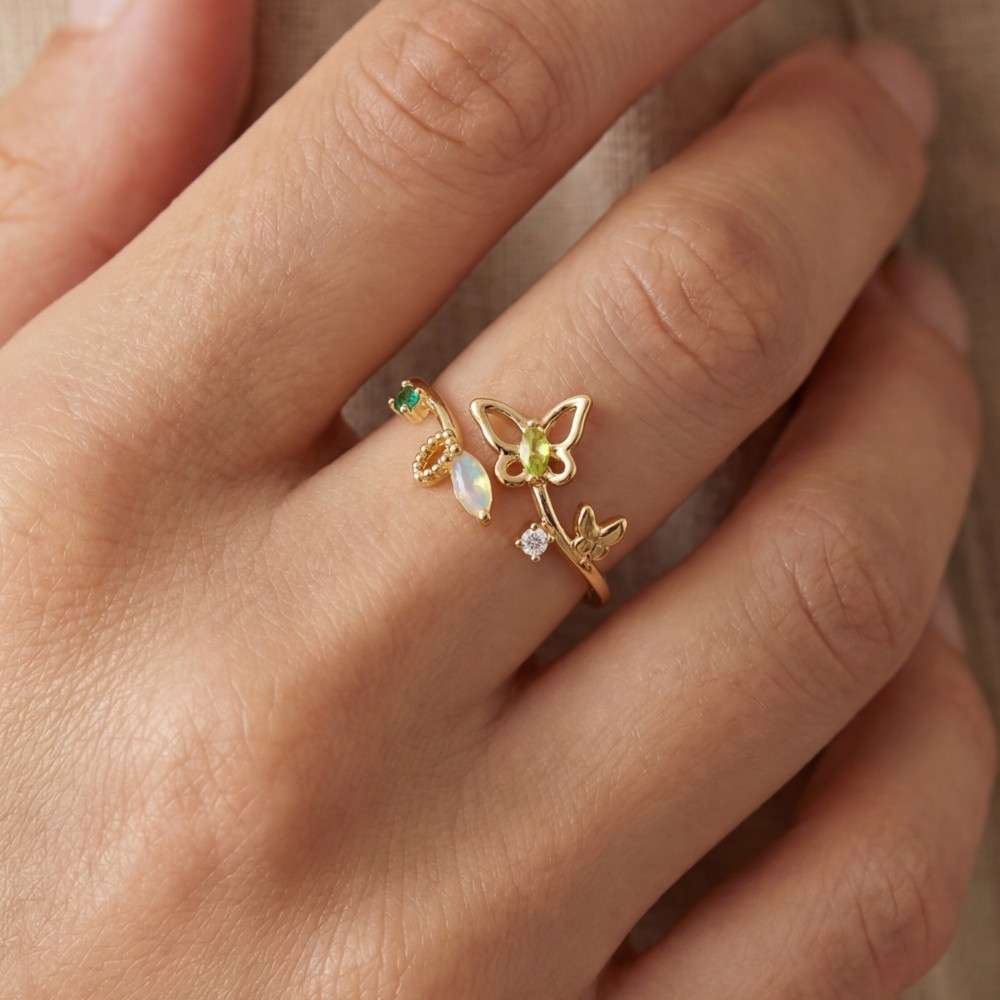 Gold Dipped Cz Leaf And Butterfly Open Ring