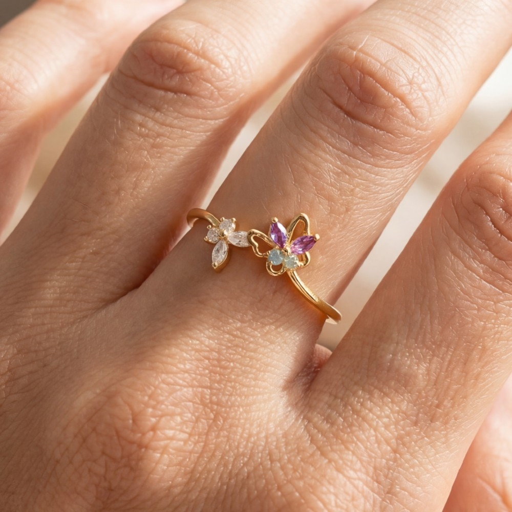 Gold Dipped Cz Double Butterfly Ring