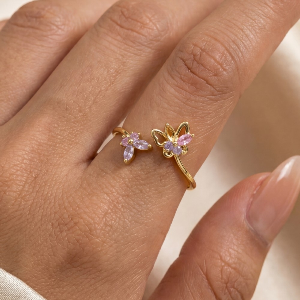 Gold Dipped Cz Double Butterfly Open Ring