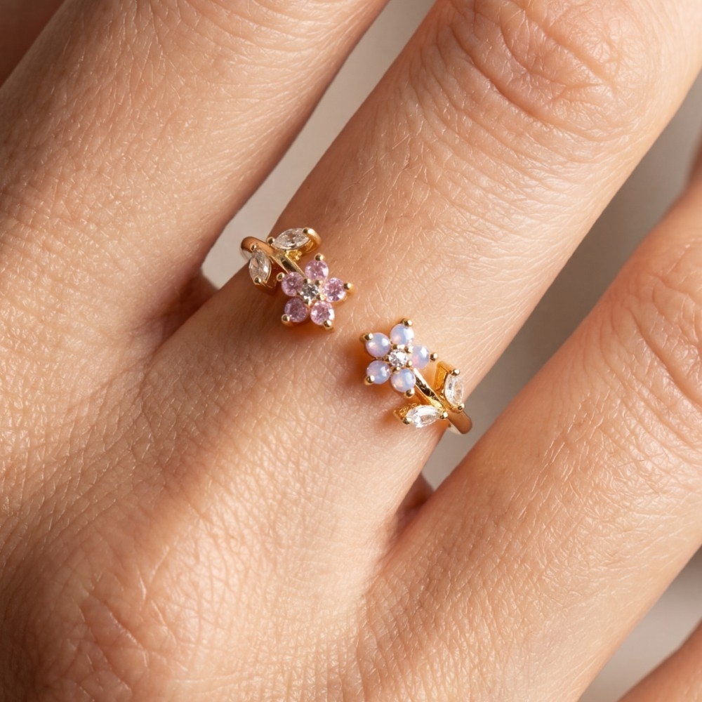 Gold Dipped Cz Double Flower Open Ring