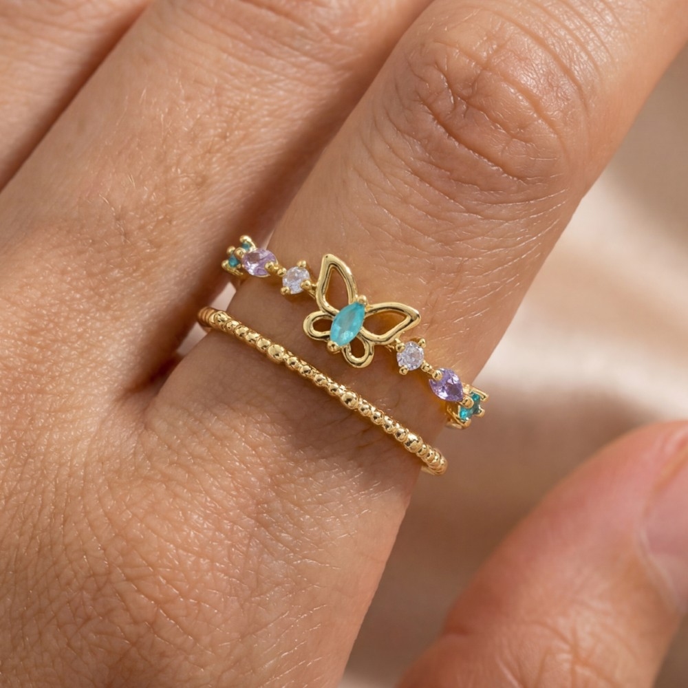 Gold Dipped Cz Butterfly Double Band Ring
