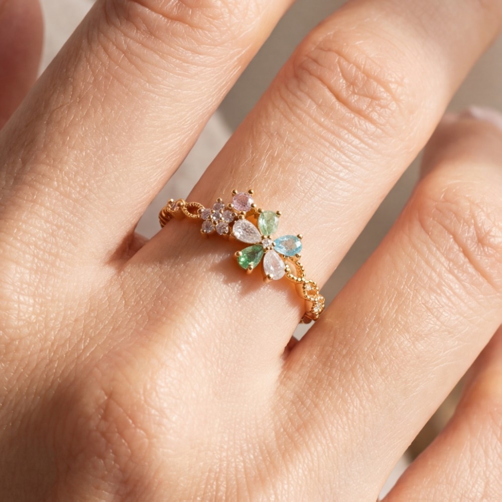 Gold Dipped Cz Multi Flower Ring