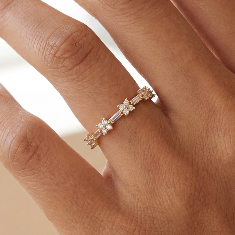 Gold Dipped Cz Baguette Flower Ring