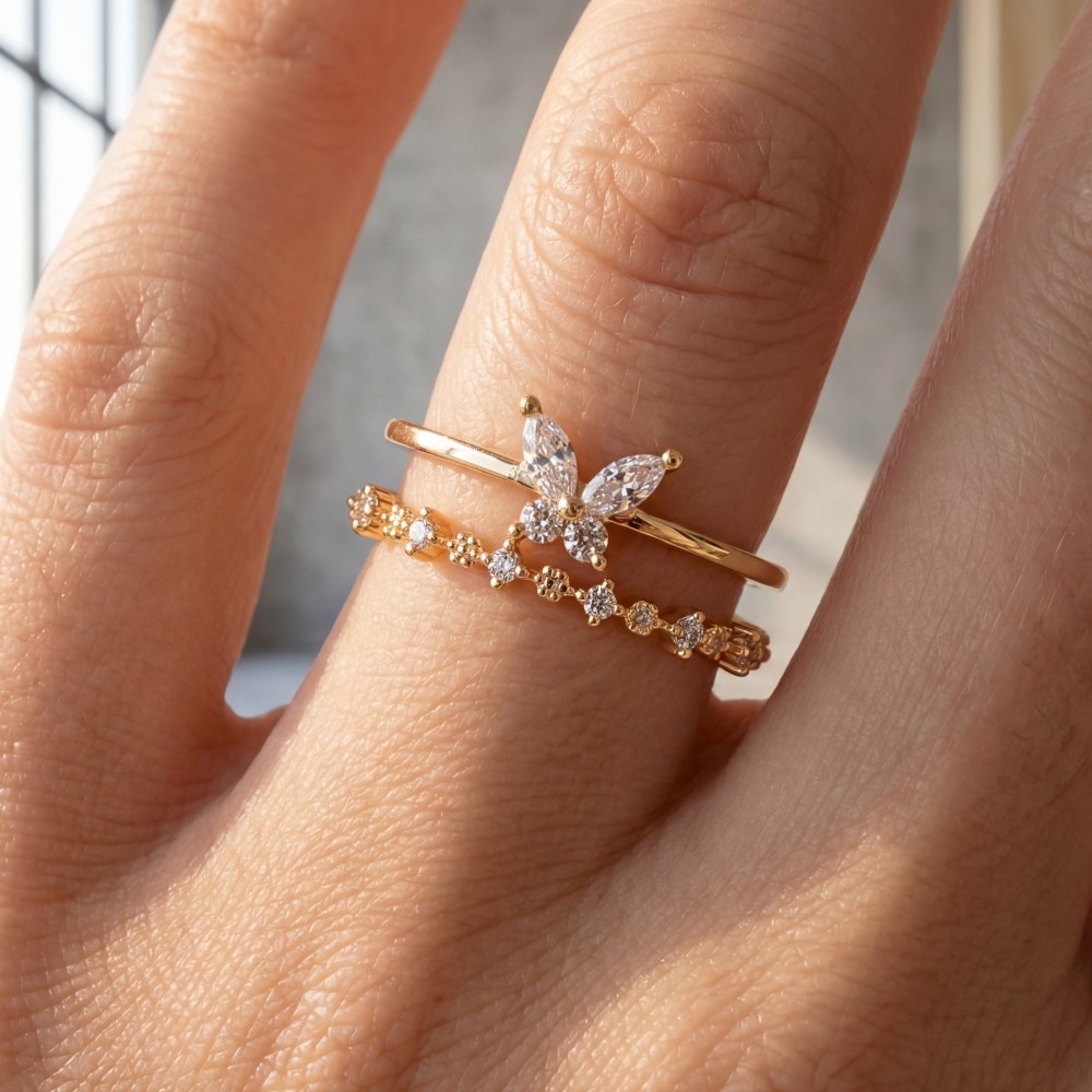 Two Row Gold Dipped Cz Butterfly Ring