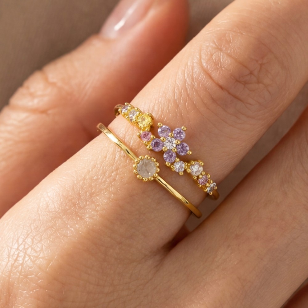 Gold Dipped Cz Flower Cluster Double Band Ring