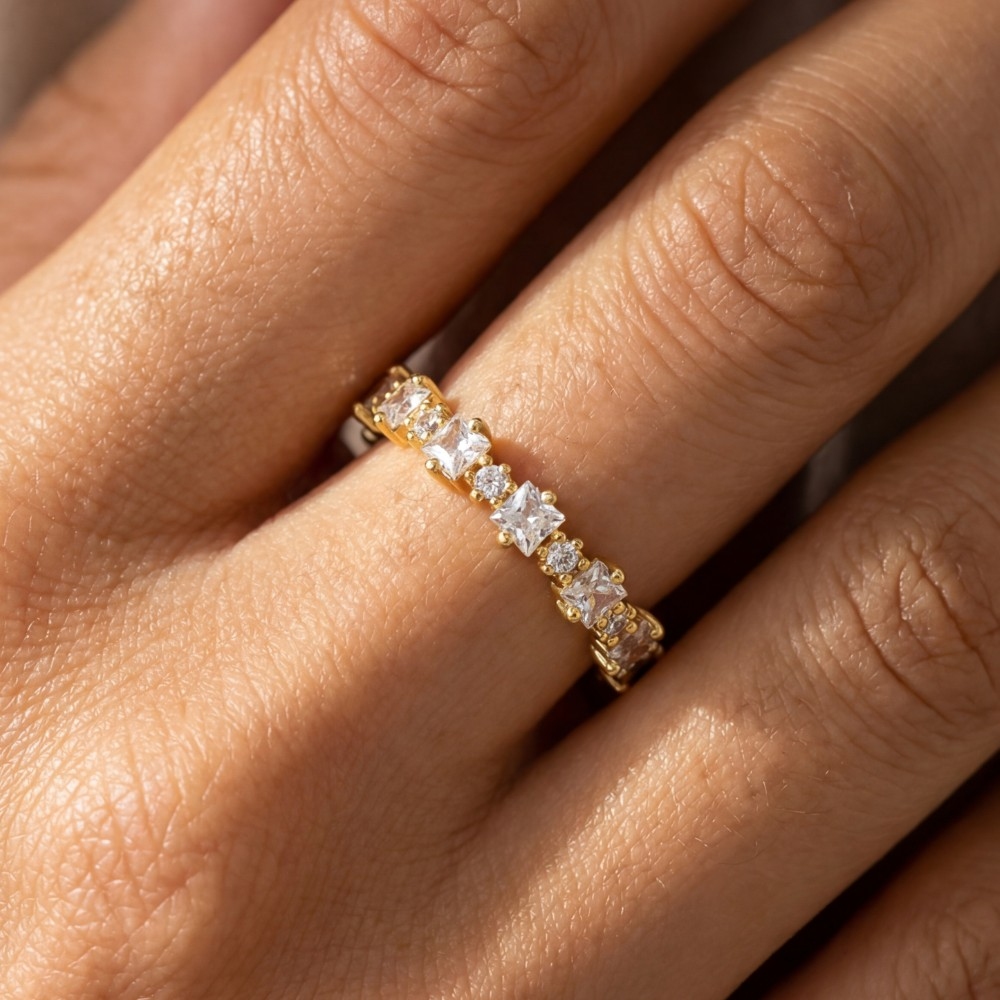 Gold Dipped Cz Square Eternity Band Ring