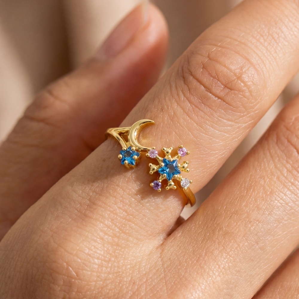 Gold Dipped Cz Stars & Moon Open Ring