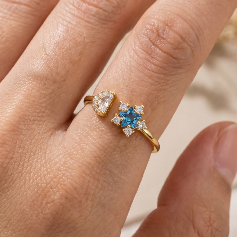 Gold Dipped Cz Moon And Stars Open Band Ring
