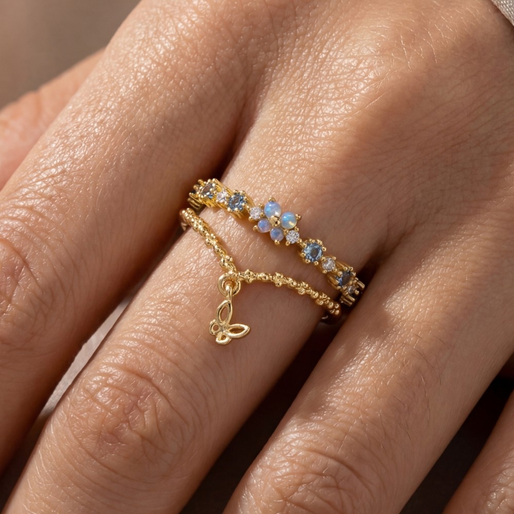 Gold Dipped Cz & Butterfly Double Row Ring