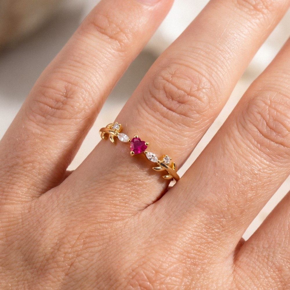 Gold Dipped Cz Leaf And Heart Ring