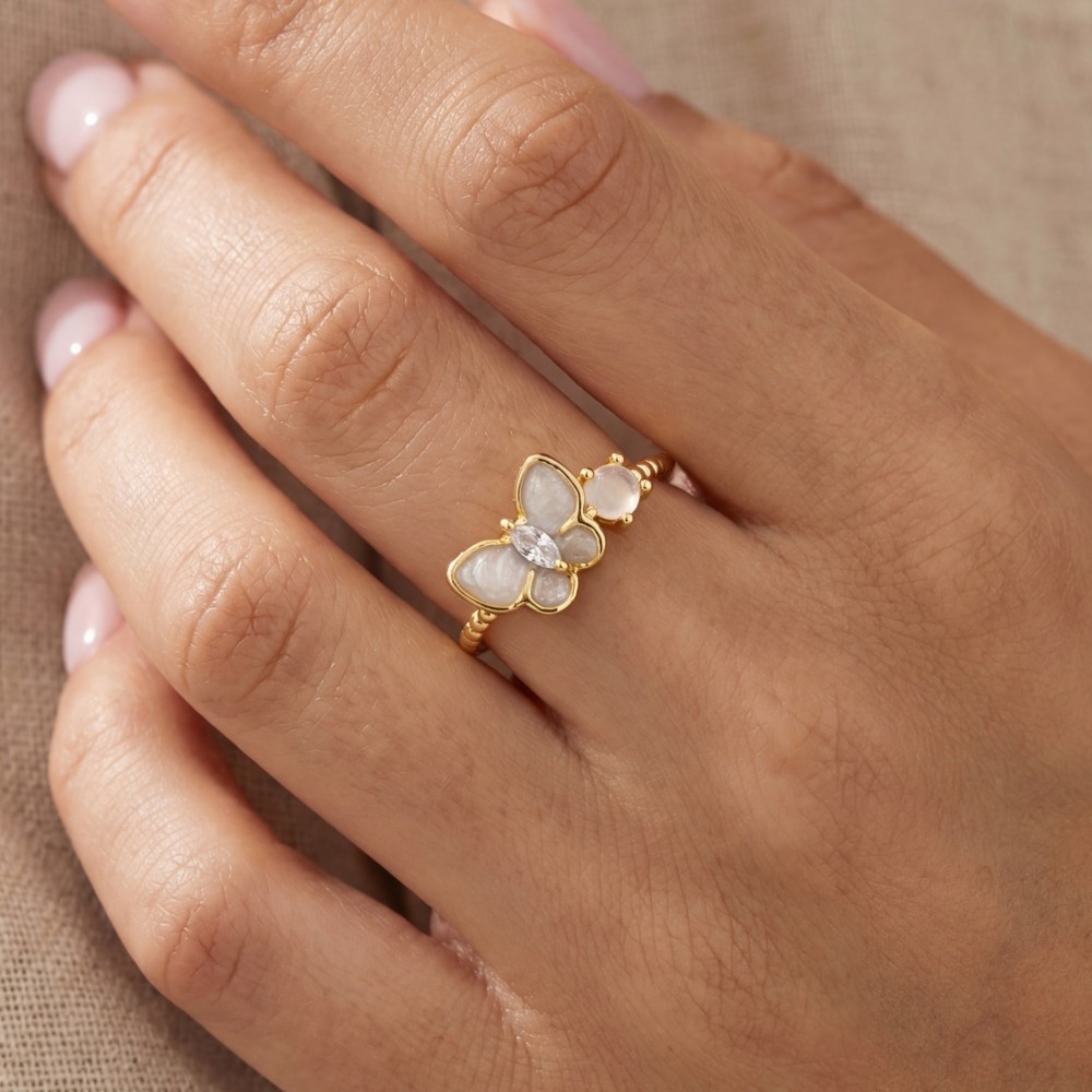 Gold Dipped Cz Enamel Butterfly Ring
