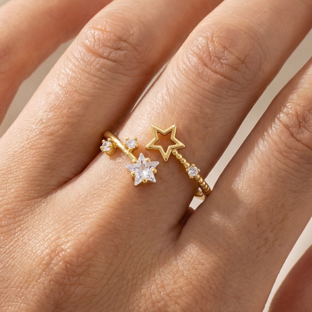 Gold Dipped Cz Double Star Open Ring