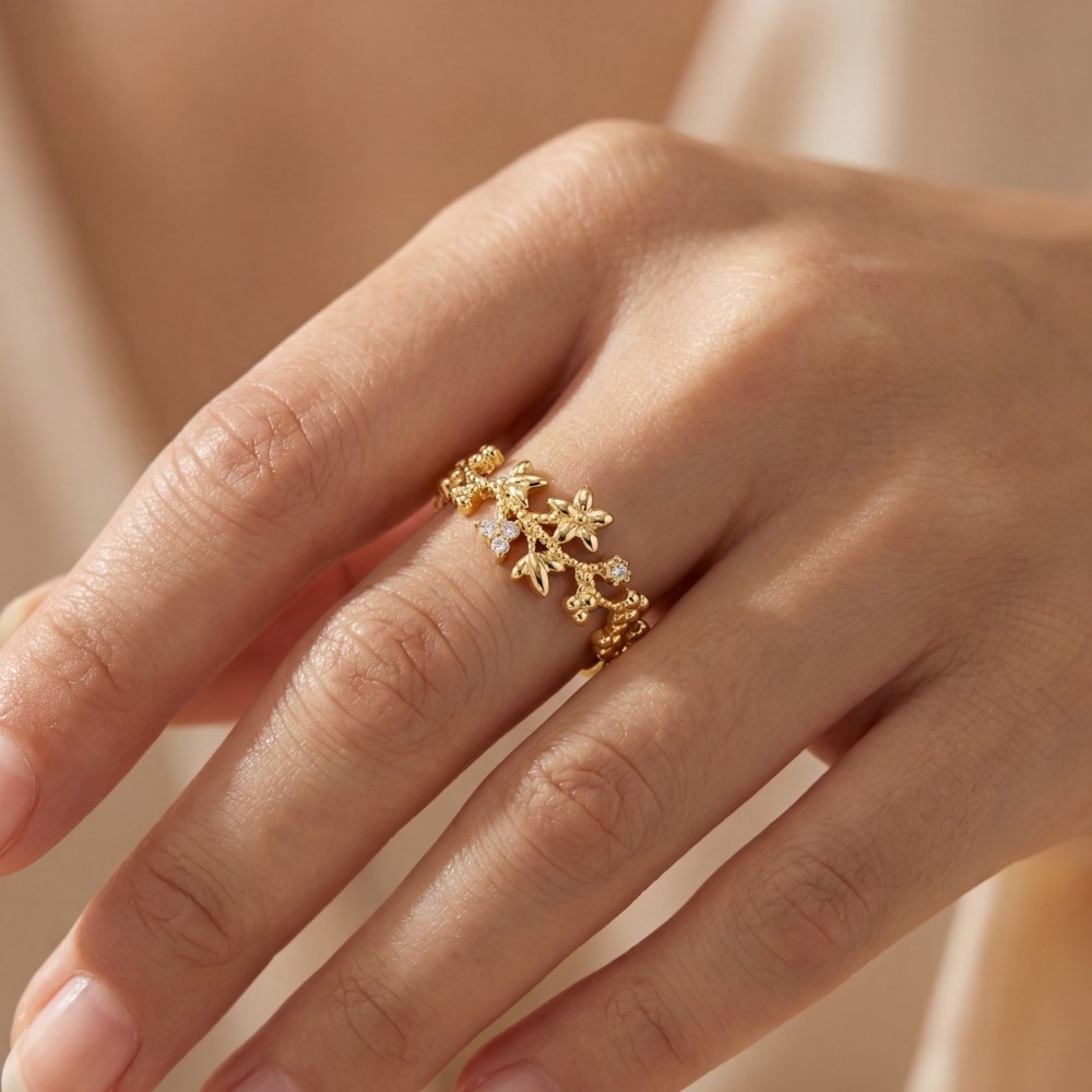 Gold Dipped Cz Floral Ring