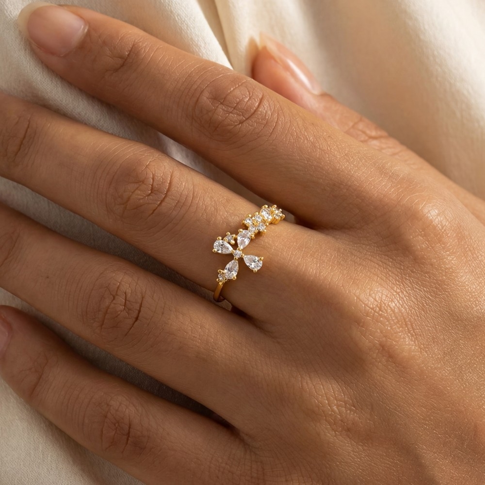 Gold Dipped Cz Adjustable Band Flower Ring