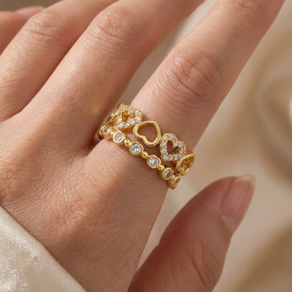 Gold Dipped Cz Double Row Heart Ring