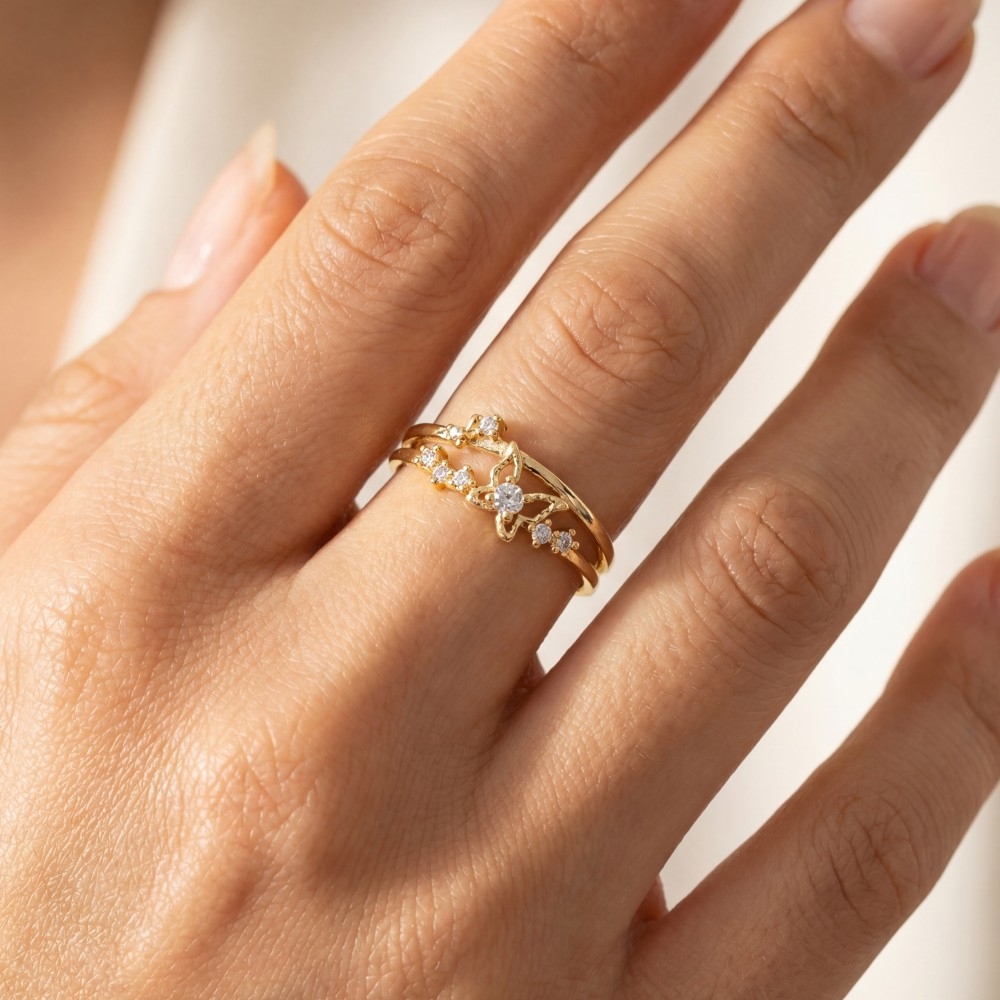 Gold Dipped Double Row Cz Butterfly Ring