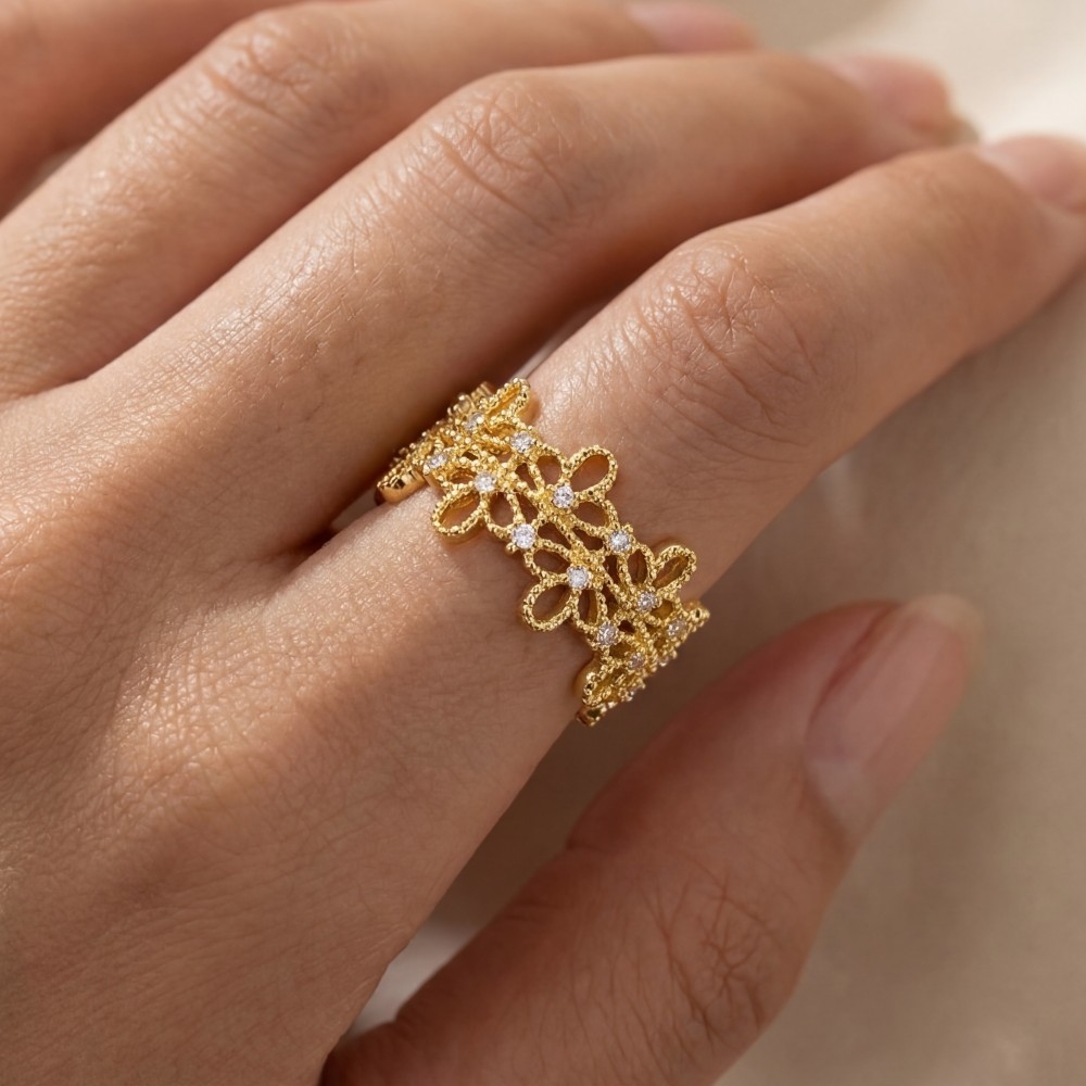 Gold Dipped Cz Floral Pattern Ring