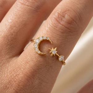 Cz Open Band Crescent Moon Star Ring