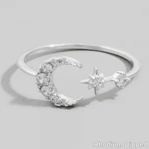Cz Open Band Crescent Moon Star Ring
