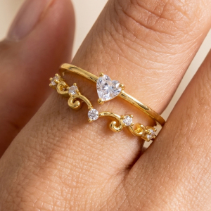 Gold Dipped Cz Heart Crown Double Band Ring