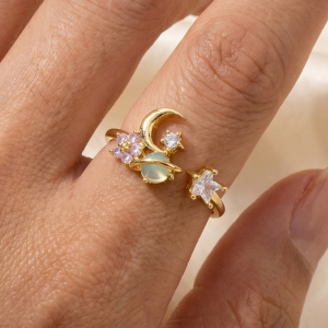 Gold Dipped Cz Celestial Moon Star Open Ring