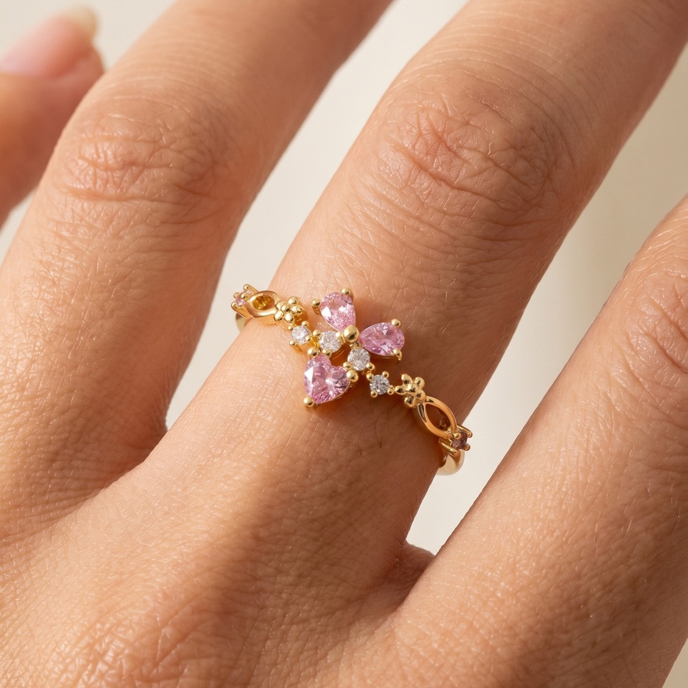 Gold Dipped Cz Butterfly Floral Crown Ring