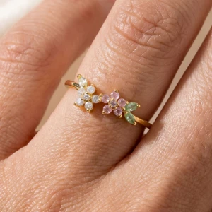 Cz Dual Flower Cluster Open Cuff Ring