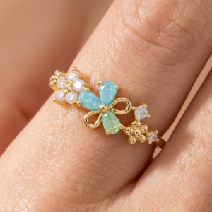 Gold Dipped Cz Opal Butterfly Cluster Ring