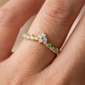 Gold Dipped Cz Floral Opal Crown Tiara Band Ring